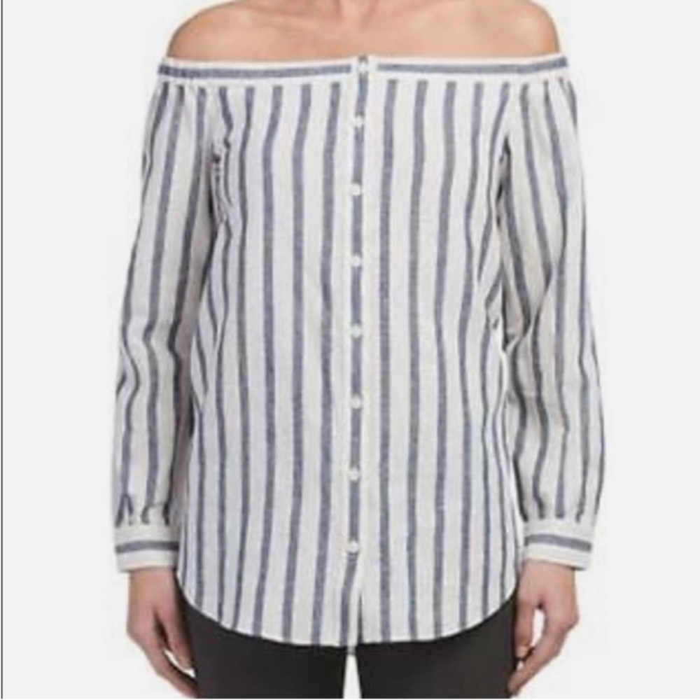 DEREK LAM 10 CROSBY Women’s Linen Striped Long Sleeve Off The Shoulder Top Sz 8
